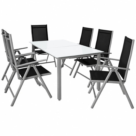 Salon de jardin, en aluminium, pliable, coloris blanc et argenté, 6 places, 150 x 90 cm, pour la terrasse ou le jardin