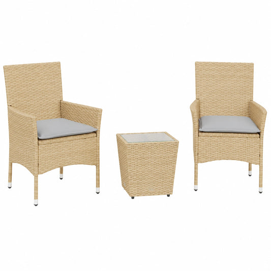 Salon de jardin, 3 pièces, en verre et résine tressée, coloris beige, pour la terrasse ou le jardin