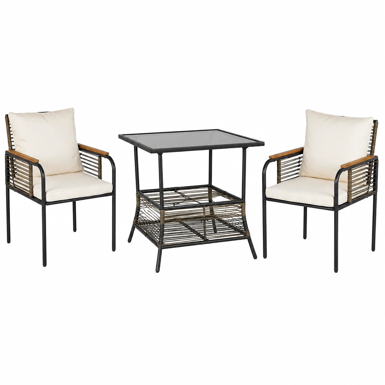 Salon de jardin, en résine tressée, coloris beige et marron, 3 pièces, pour la terrasse ou le jardin