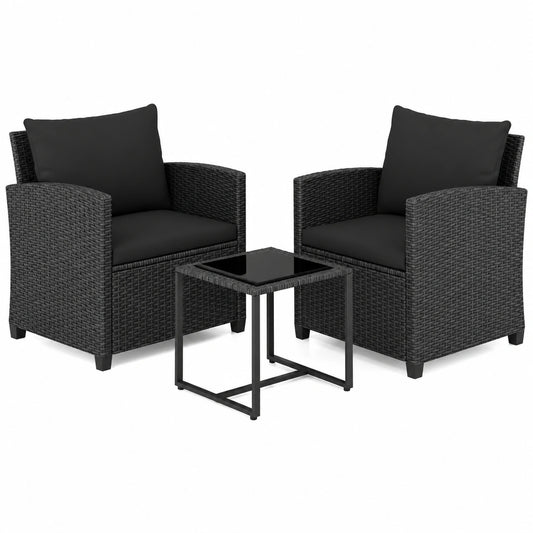 Salon de jardin, avec 2 fauteuils, en verre trempé et résine tressée, 2 places, coloris noir, pour la terrasse ou le jardin
